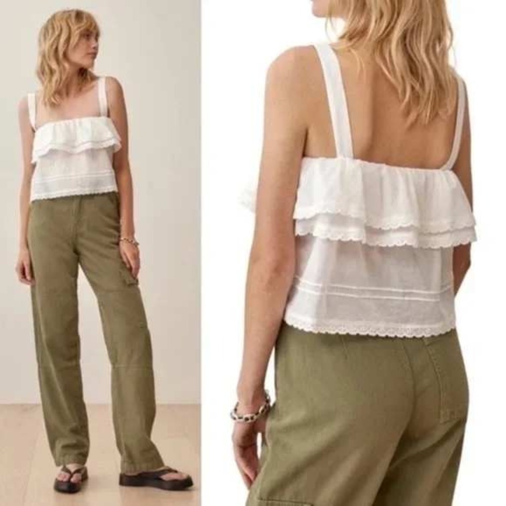 NEW Reformation Tarragon Organic Cotton Lace Trim Crop Tank Top White Large